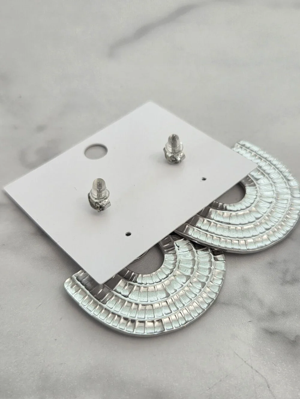 Stainless Steel Silver Textured Fan Dangle Earrings - Picture 4 of 14
